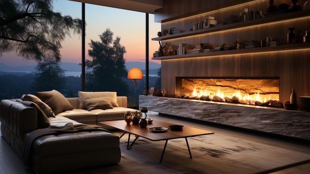 Moderna sala de estar con chimenea.