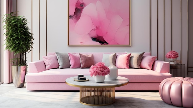 Moderna sala de estar con diseño monocromático rosa, primer plano de una elegante decoración de sofá de lujo