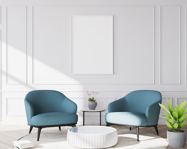 Moderna sala de estar con dos sillones azules.