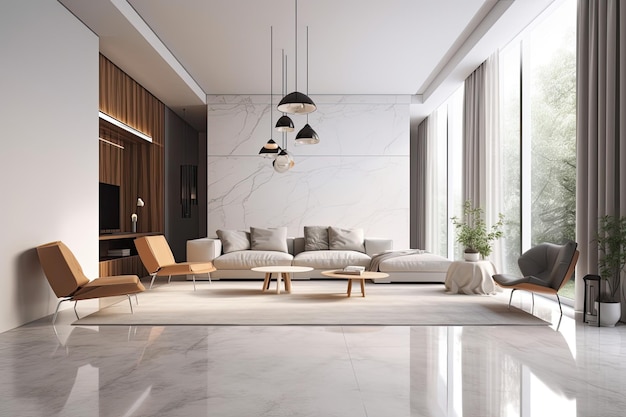 Moderna sala de estar con elegantes pisos de mármol IA generativa