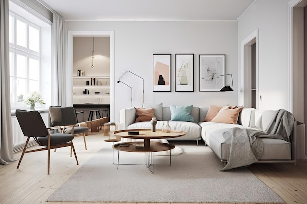 Moderna sala de estar escandinava minimalista con muebles elegantes y toques de color