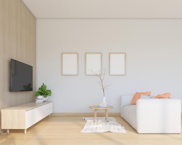 Moderna sala de estar de estilo japonés decorada con un mueble de televisión minimalista, sofá y mesa de centro, pared blanca y pared de listones de madera, representación 3d