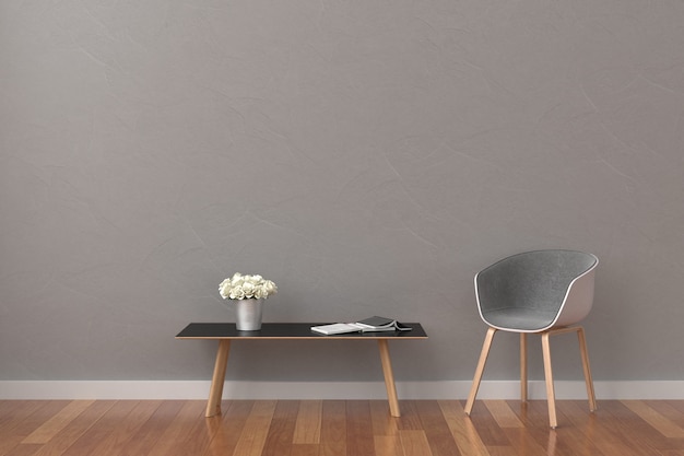 Moderna sala de estar gris con silla y mesa moderna. concepto de estilo minimalista.