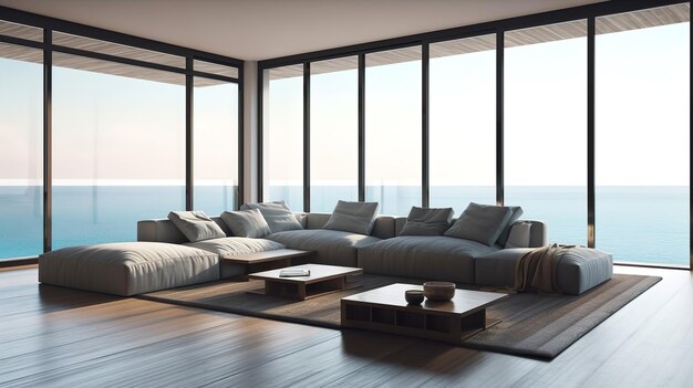 Moderna sala de estar interior y vista al mar 3d renderi Generative Ai