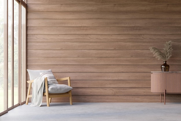 Moderna sala de estar de madera de estilo loft contemporáneo, representación 3d. Hay pisos de concreto, paredes de tablones vacías decoradas con sillas de tela y gabinetes de madera con una gran ventana con vista a la naturaleza.