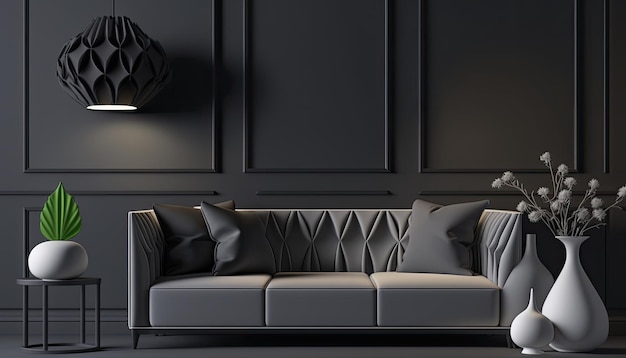 Moderna sala de estar mate oscura interior simple y limpio con maqueta vacía en la pared Representación 3D Ai generativo