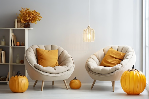 Moderna sala de estar minimalista con decoración de otoño natural, calabazas y velas Ilustración generativa de IA