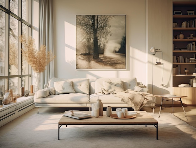Moderna sala de estar minimalista con grandes ventanales, interior gris beige greige con alfombra de sofá y