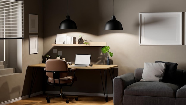 Moderna sala de estar minimalista con interior de espacio de trabajo con un elegante sofá con luces colgantes