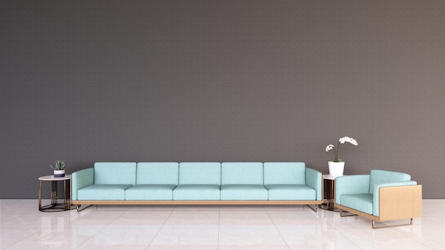 Moderna sala de estar minimalista con sofá azul y diseño de interiores de paredes vacías con renderizado 3d