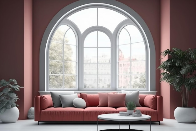 Moderna sala de estar rosa con sofá rojo salmón pálido y ventana panorámica IA generativa