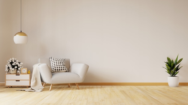 La moderna sala de estar con sillón azul tiene gabinete y estantes de madera en pisos de madera y paredes blancas, render 3d