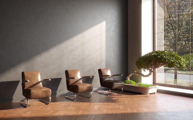 Moderna sala de estar con sillón escandinavo muebles de diseño de interiores ilustración 3D render cg