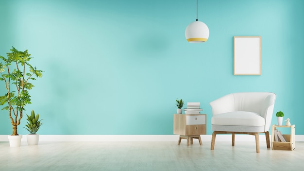 La moderna sala de estar con sillón gris tiene gabinete y estantes de madera en pisos de madera y pared azul, representación 3D