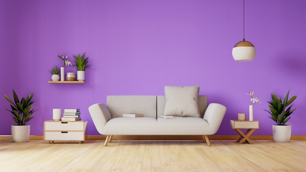 Moderna sala de estar con sofá y decoración con pared violeta, representación 3D