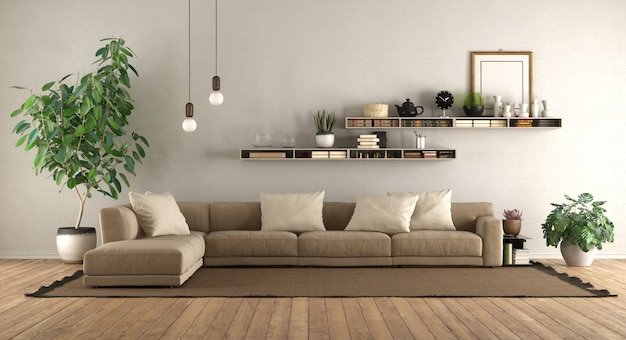 Moderna sala de estar con sofá y estanterías.