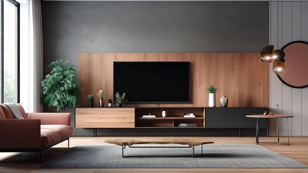 Moderna sala de estar con soporte de TV de madera que alberga el plano IA generativa