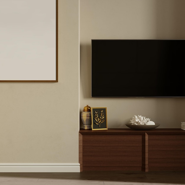 Moderna sala de estar con TV de pantalla plana y tocador de madera 3d renderizado