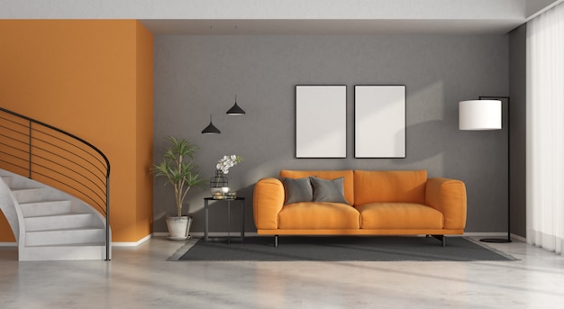 Moderna sala gris y naranja con escalera