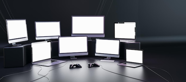 Foto moderna sala de juegos con muchos monitores de computadora y portátiles blancos brillantes en blanco con espacio para su logotipo o texto y joysticks en el fondo de la pared oscura que transmite el concepto en vivo simulacro de representación 3d