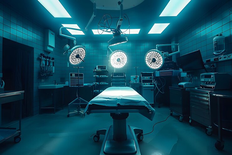 Una moderna sala de operaciones bañada en luz azul