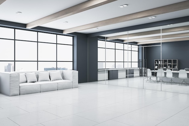Foto moderna sala de reuniones de cristal con mobiliario, suelos de hormigón y ventanas panorámicas con vistas a la ciudad 3d rendering