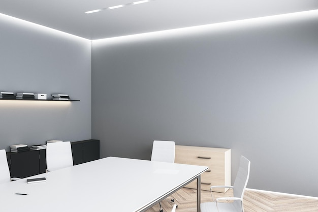 Foto moderna sala de reuniones de estilo ecológico con muebles blancos de pared gris en blanco y piso de madera 3d