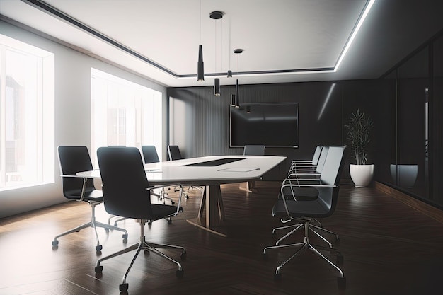 Moderna sala de reuniones con muebles elegantes y un diseño minimalista creado con inteligencia artificial generativa