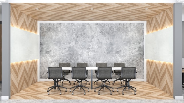 Moderna sala de reuniones tipo loft con escritorio blanco y piso de madera de pared con patrón de madera representación 3d