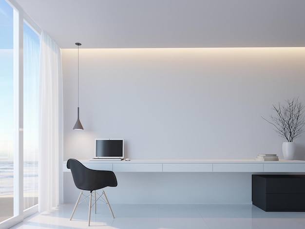 Moderna sala de trabajo en blanco y negro con vista al mar, estilo minimalista, render 3d