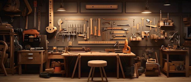 Moderna sala de trabajo de madera con herramientas colgadas