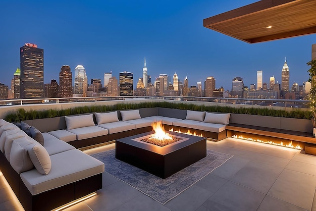 La moderna terraza en la azotea con una chimenea incorporada cuenta con cómodos asientos y vistas panorámicas al horizonte de la ciudad, creando una atmósfera cálida y acogedora para socializar