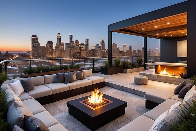 Foto la moderna terraza en la azotea con una chimenea incorporada cuenta con cómodos asientos y vistas panorámicas al horizonte de la ciudad, creando una atmósfera cálida y acogedora para socializar