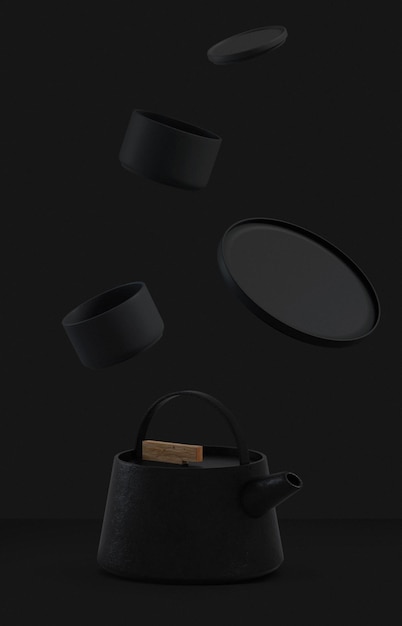 Moderna tetera de hierro fundido negro con tazas levitantes artístico establecido para la hora del té