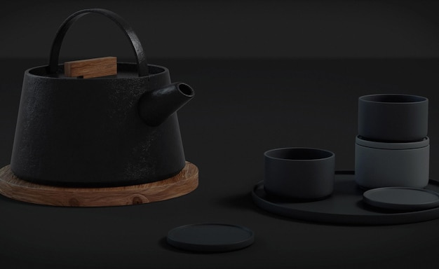 Moderna tetera de hierro fundido negro y tazas de té y un conjunto minimalista de vista lateral de la mesa para la hora del té