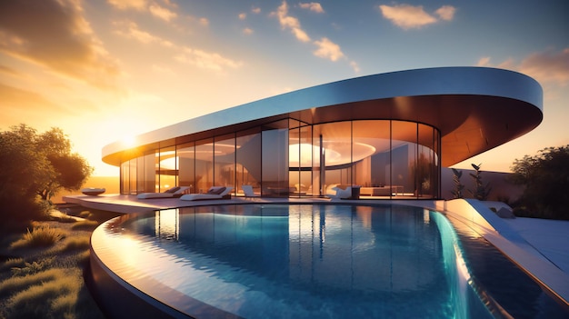 Una moderna villa de lujo futurista al amanecer con piscina