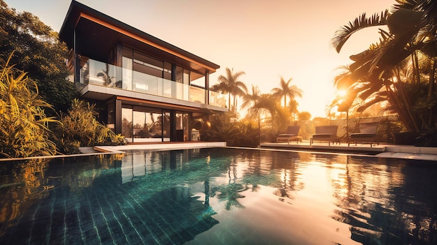 Una moderna villa de lujo con una impresionante piscina y un exuberante paisaje tropical perfecto para una escapada relajante
