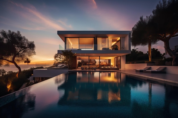 Moderna villa de lujo con piscina y jardín a la hora azul ai generativo