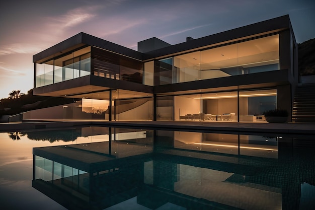 Moderna villa de lujo con piscina y jardín a la hora azul ai generativo