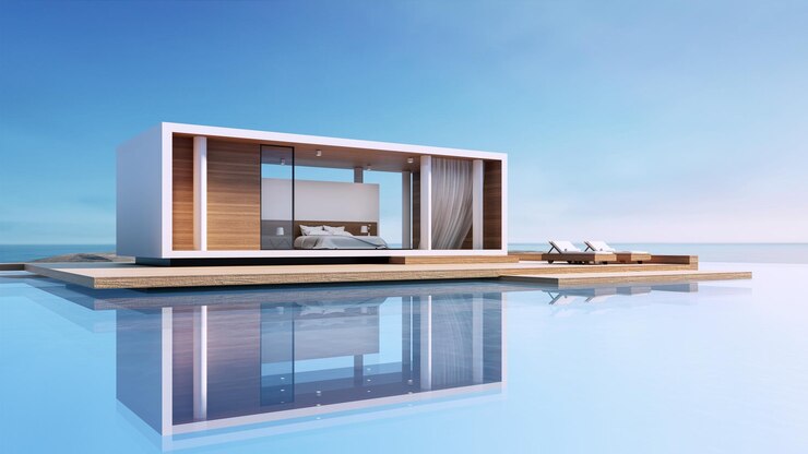 Moderna villa con piscina Vista al mar Representación 3D