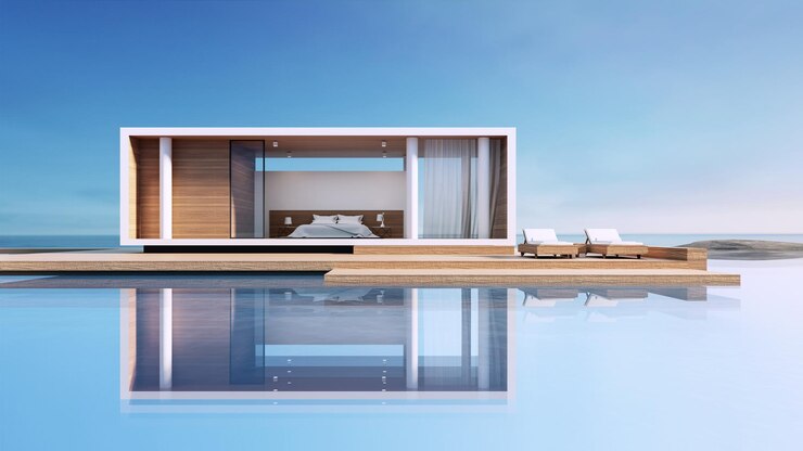 Moderna villa con piscina Vista al mar Representación 3D