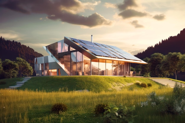 Moderna villa sostenible de lujo con paneles solares al atardecer generativo AI Paisaje de mansión verde en el bosque en verano Concepto de paisaje natural diseño ecológico tecnología de ahorro de energía
