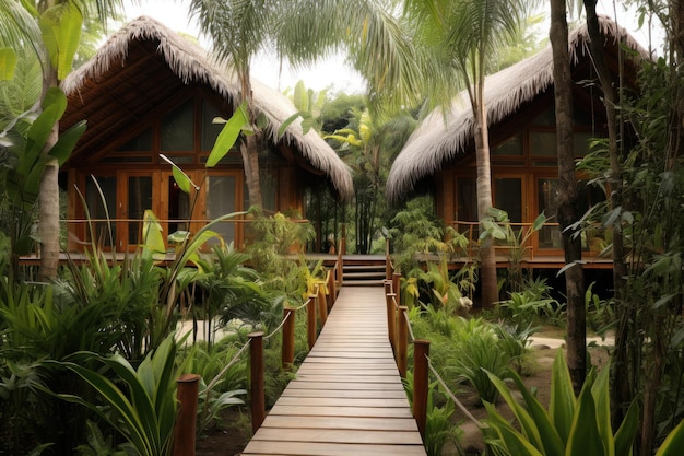 modernas casas ecológicas à beira-mar em uma floresta tropical cercada por palmeiras