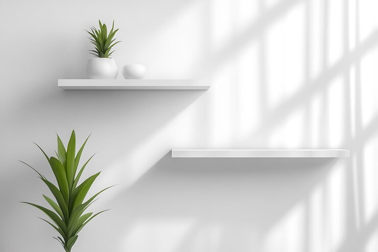 Modernas estanterías flotantes blancas con plantas verdes y luz natural