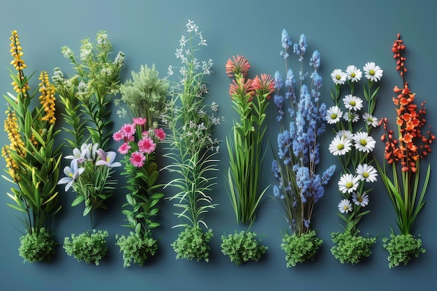 Modernas de flores y hierba Objetos modernos 3D diversos Conjunto de iconos de la naturaleza