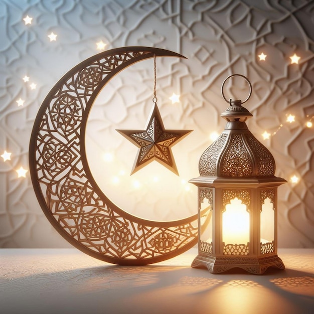 Moderne 3D-realistische arabische Ramadan-Lampe und Halbmond