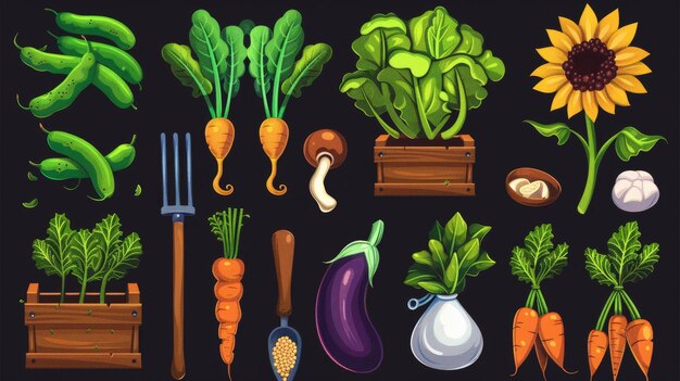Moderne Abbildung von Samen, Körnern, Knospen, Sonnenblumen, Bohnen, Auberginen, Karotten und Gartenwerkzeugen, die auf einem weißen Hintergrund isoliert sind