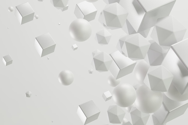 Moderne abstrakte chaotische Komposition Würfelkugel polygonaler Hintergrund geometrische futuristische weiße graue Elemente 3D-Renderbild