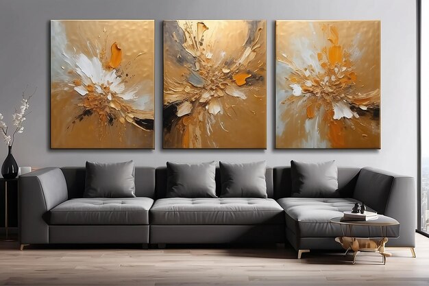 Moderne abstrakte goldene Texturkunst Ölgemälde Triptych