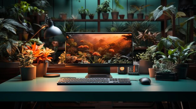 Moderne Arbeitsfläche mit Computer und Grünpflanzen